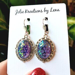 NWT ~ GORGEOUS LAVENDER PURPLE AB Geode Like Earrings Silver Finish Filigree Set
